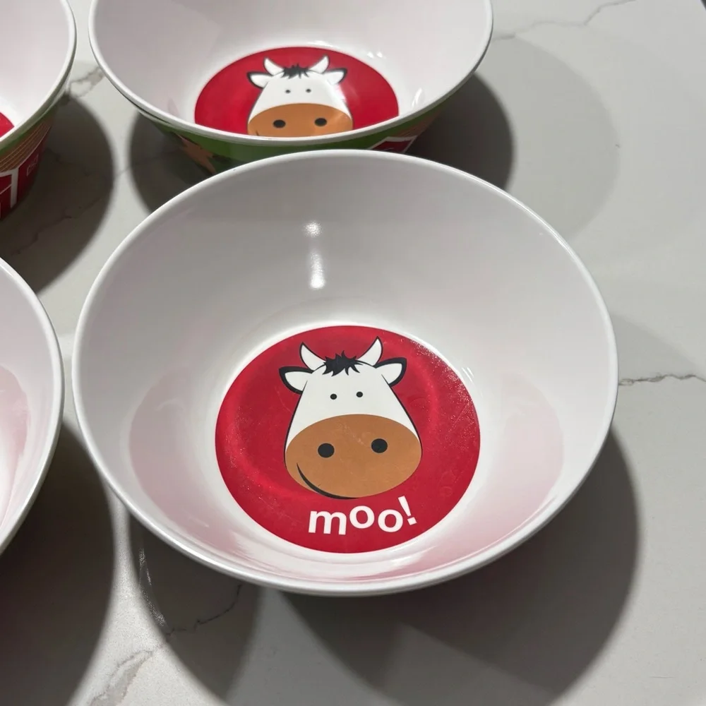 Plastic Green White Red Farm Themed Bowls Set Of 4 Dessert Cups Cow Horse Barn